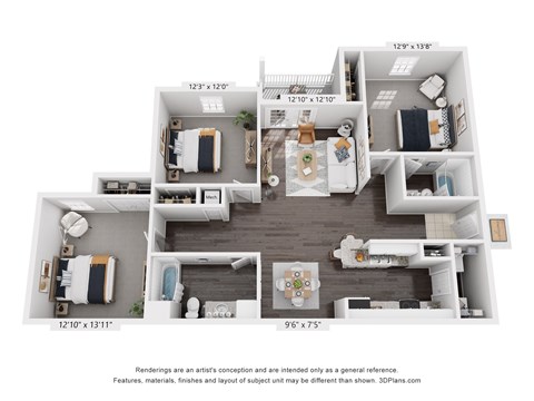 A 3D floor plan of a small apartment with a kitchen, living room, and two bedrooms.